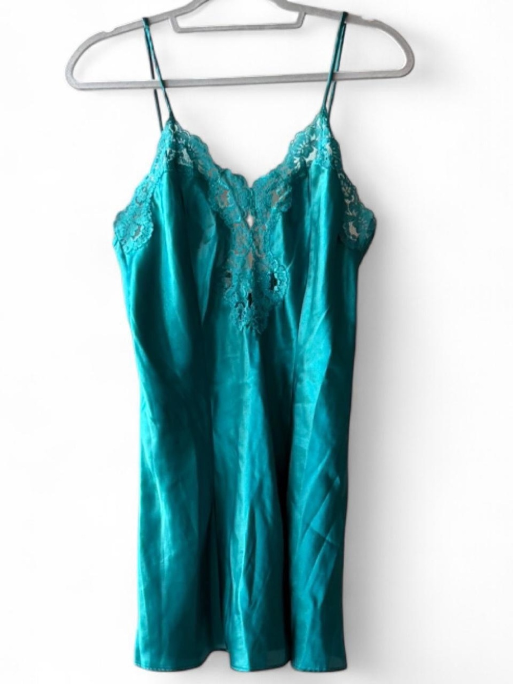 Vintage Partners Mervyns Teal Satin Lace Detail Mini Slip Dress Size S